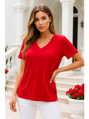 Rich Kadın Kırmızı Viskon V Yaka Basic Kısa Kollu Tişört