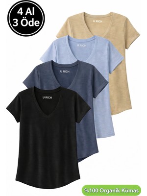 Rich Kadın 4'lü Paket Siyah-Mavi-Açık Haki-Petrol %100 Organik Pamuk Tişört V Yaka T-Shirt