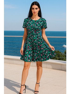 Rich Kadın Desenli Yeşil Kısa Kollu Yazlık Elbise Rahat Günlük Elbise - Bisiklet Yaka Rahat Kalıp Elbise