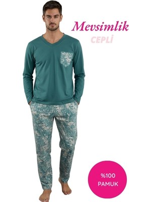 Seamlife Yeşil Erkek Desenli Düğmesiz V Yaka %100 Pamuk Mevsimlik Uzun Kol Cepli Pijama Takımı