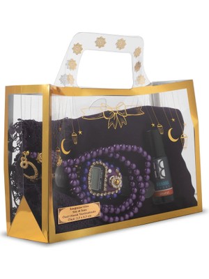 Hayrat Neşriyat Iğne Oyalı Şal + Tesbih + Zikirmatik + Esans Hediye Seti (Mor)