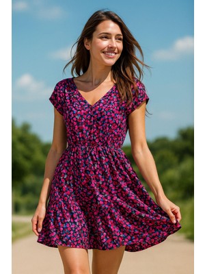 Rich Kadın Renkli Desenli V Yaka Plaj Elbisesi - Bel Büzgülü Yazlık Rahat Elbise