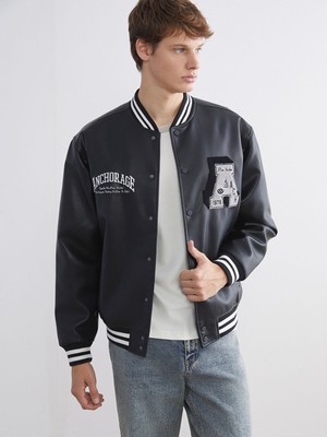 Lc Waikiki Yeni Sezon Kolej Yaka Nakışlı Erkek Deri Görünümlü Ceket