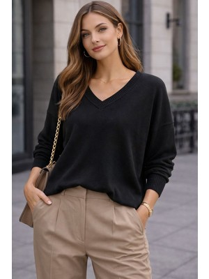 Rmg Büyük Beden Kaşmir Karışımlı Triko Kazak Siyah