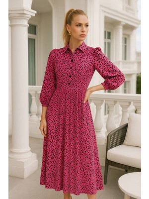 Rich Kadın Fuşya Siyah Leopar Desenli Uzun Kollu Boydan Düğmeli Maxi Elbise