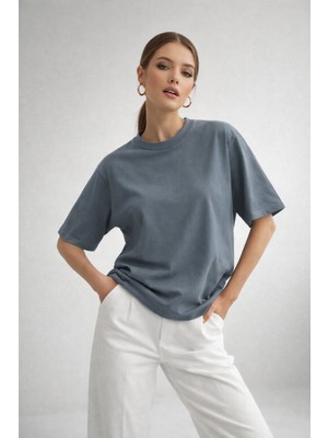 Rich Kadın Füme %100 Pamuk Oversize Basic Tişört – Rahat Kalıp Relaxed Bisiklet Yaka T-Shirt
