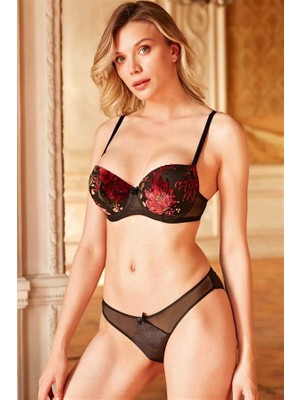 MOTTO10 Butik Tül Balenli Destekli Dolgulu Çiçek Baskılı Sütyen ve Slip Takım