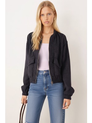 Armonika Kadın Antrasit Cepli Kolları ve Beli Lastikli Bomber Kaşe Mont ARM-26K001027
