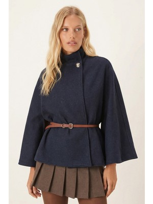 Armonika Kadın Lacivert Gold Düğme Detaylı Kemerli Kaşe Panço Ceket Dik Yaka ARM-26K001065