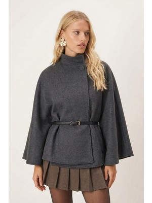 Armonika Kadın Antrasit Gold Düğme Detaylı Kemerli Kaşe Panço Ceket Dik Yaka ARM-26K001065