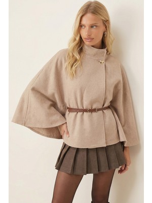 Armonika Kadın Bej Gold Düğme Detaylı Kemerli Kaşe Panço Ceket Dik Yaka ARM-26K001065