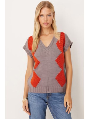 Armonika Kadın Turuncu V Yaka Baklava Desen Triko Süveter ARM-26K136024