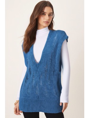 Armonika Kadın Mavi V Yaka Triko Süveter ARM-26K136014