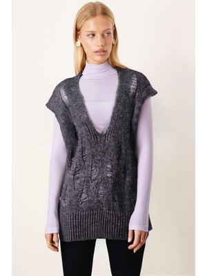 Armonika Kadın Gri V Yaka Triko Süveter ARM-26K136014