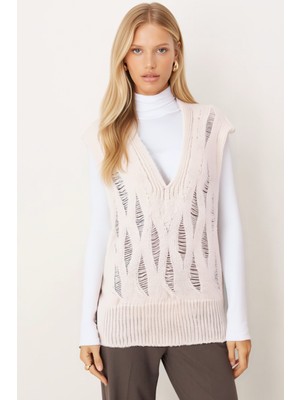 Armonika Kadın Ekru V Yaka Triko Süveter ARM-26K136014