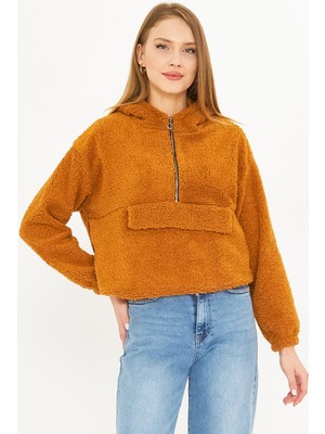 Armonika Kadın Camel Kapüşonlu Cep Kapaklı Peluş Sweatshirt ARM-25K001090