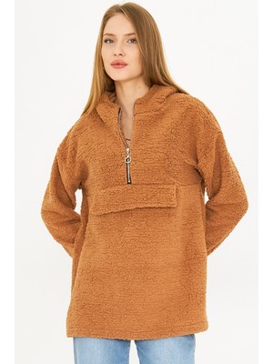 Armonika Kadın Sütlü Kahve Kapüşonlu Cep Kapaklı Peluş Sweatshirt ARM-25K001090