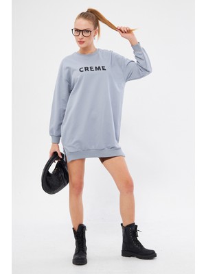 Armonika Kadın Gri Bisiklet Yaka Önü Yazılı Tunik Sweatshirt ARM-25K001029