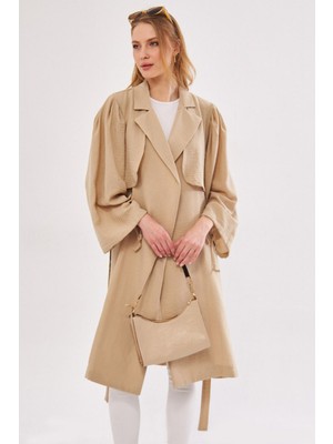Armonika Kadın Bej Ennea Trençkot Kolları Pileli Kuşaklı Kol Ağzı Bağcık Detaylı ARM-24Y001030