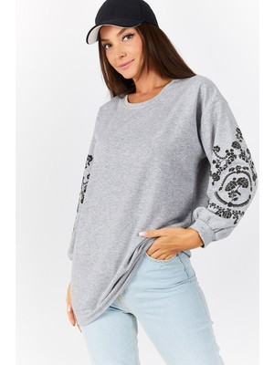 Armonika Kadın Gri Melanj Yuvarlak Yaka Kolu Kabartmalı Tunik ARM-21K024033