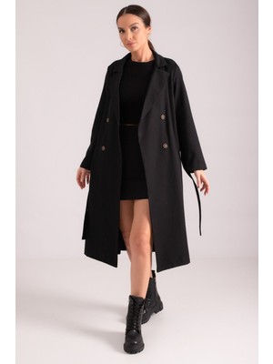 Armonika Kadın Siyah Kruvaze Yaka Beli Kuşaklı Cepli Uzun Trençkot ARM-24K001064
