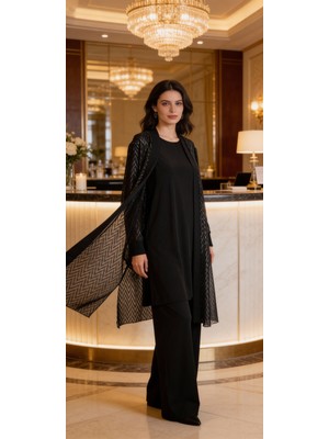 Fatosh Kuto Premium Sandy Abiye Büyük Beden Pantolonlu Üçlü Takım