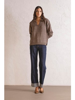 ZERO ZERO THREE NINE Regular Fit Apaj Yaka Kadın Tirko Kazak