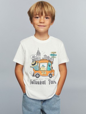 Lc Waikiki Erkek Çocuk Tişört Ekru Renkli Bisiklet Yaka Grafik Desenli 4 - 5 Yaş