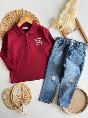Caps & Boy Erkek Çocuk Bordo Polo Yaka Sweatshirt ve Mavi Kot Pantolon 2’li Takım