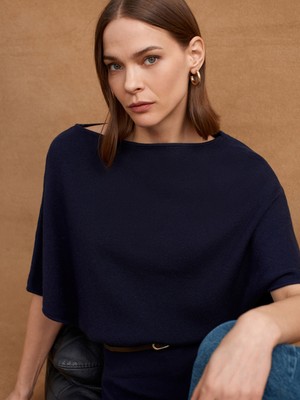 Dilvin 10838 Yün Karışımlı Kemerli Kayık Yaka Kazak-Laci Mel.