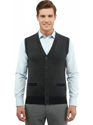 Çizgi Triko Erkek Düğmeli Yelek Cepli Çelik Örgü Klasik Kalıp 5208L BGL-ST04964