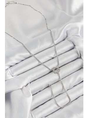 Bsre Pirinç Zirkon Taşlı Kalpli Y Kolye (Gümüş Renk)