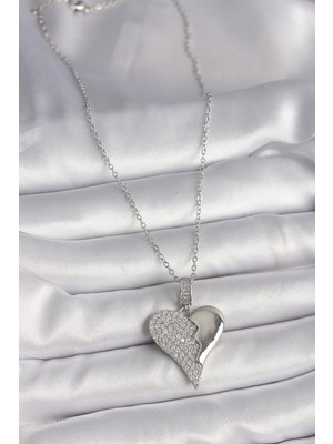 Bsre Gümüş Renk Zincir Kırık Kalpli Kadın Kolye (316L Çelik)