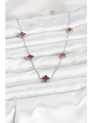 Bsre Gümüş Renk Bordo Baby Boy Yonca Kadın Kolye (316L Çelik)