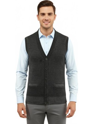 Çizgi Triko Erkek Düğmeli Yelek Cepli Çelik Örgü Klasik Kalıp 5208L BGL-ST04964