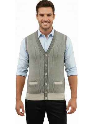 Çizgi Triko Erkek Düğmeli Yelek Cepli Çelik Örgü Klasik Kalıp 5208L BGL-ST04964