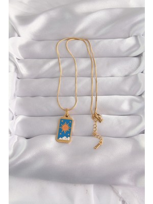 Bsre Gold Renk Mavi Mineli Güneşli Tarot Kolye (316L Çelik)