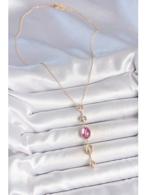 Bsre Pirinç Zincir Pembe Zirkon Taşlı Y Kolye (Gold Renk)