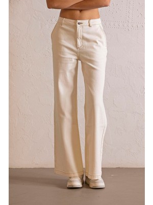 ZERO ZERO THREE NINE Wide Leg Ekru Denim Pantolon