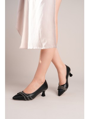 Bulutmod BA04591 Siyah Cilt Kadın Taşlı Günlük Abiyelik Büyük  Numara 5 cm Topuklu Ayakkabı - 39