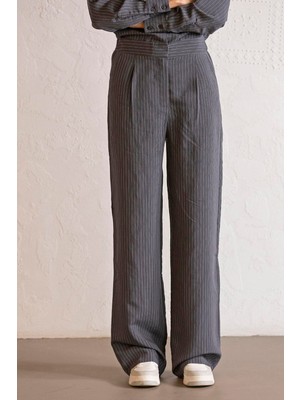 ZERO ZERO THREE NINE Beli Lastikli Cepli Çizgili Kadın Pantolon