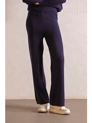 ZERO ZERO THREE NINE Beli Lastikli Wide Leg Triko Kadın Pantolon