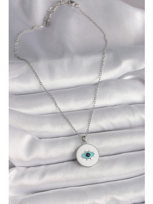Bsre Gümüş Renk Zincir Beyaz Mineli Turkuaz Gözlü Kadın Kolye (316L Çelik)