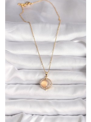 Bsre Gold Renk Turuncu Sedefli Hilal Model Kadın Kolye (316L Çelik)