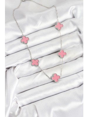 Bsre Gümüş Pembe Renk Yonca Kadın Kolye (316L Çelik)