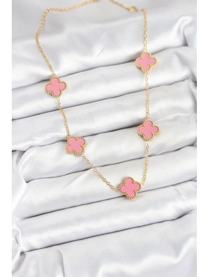 Bsre Gold Pembe Renk Yonca Kadın Kolye (316L Çelik)