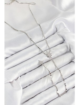 Bsre Pirinç Zirkon Taşlı Ezme Zincirli Kutup Yıldızlı Y Kolye (Gümüş Renk)