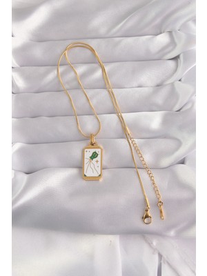 Bsre Gold Renk Beyaz Mineli Tarot Kolye (316L Çelik)
