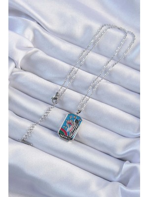 Bsre Gümüş Renk Taç ve Kız Figürlü Renkli Mineli Tarot Kolye (316L Çelik)