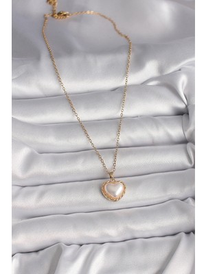 Bsre Gold Renk Zincir 3D Inci Kalpli Kadın Kolye (316L Çelik)